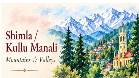 Hand-painted illustration representing Shimla, Kullu and Manali